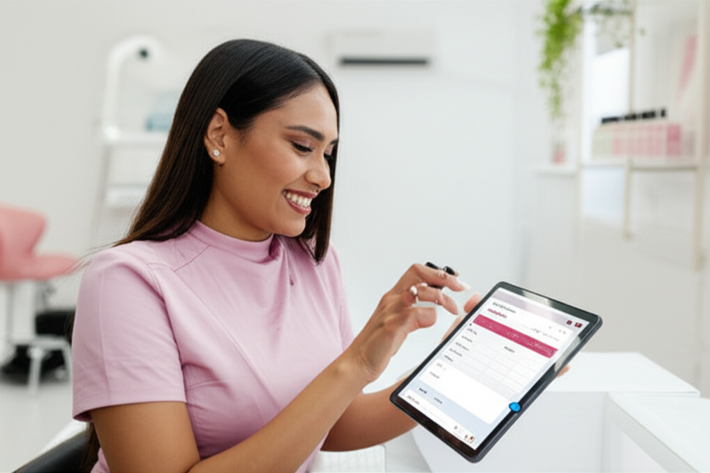 Dueña de salón sonriendo con tablet